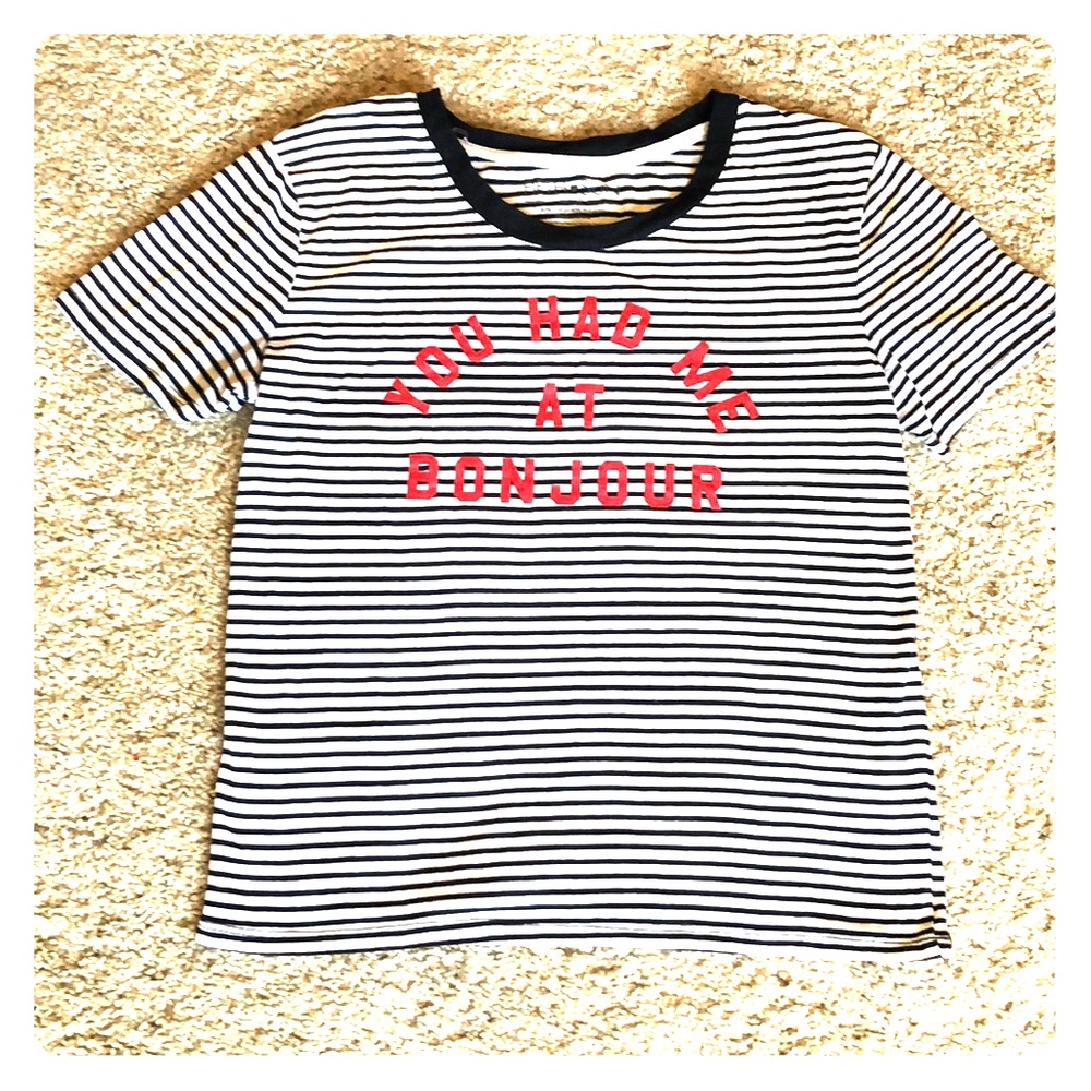 Fifth sun bonjour t-shirt. Black and white stripes
